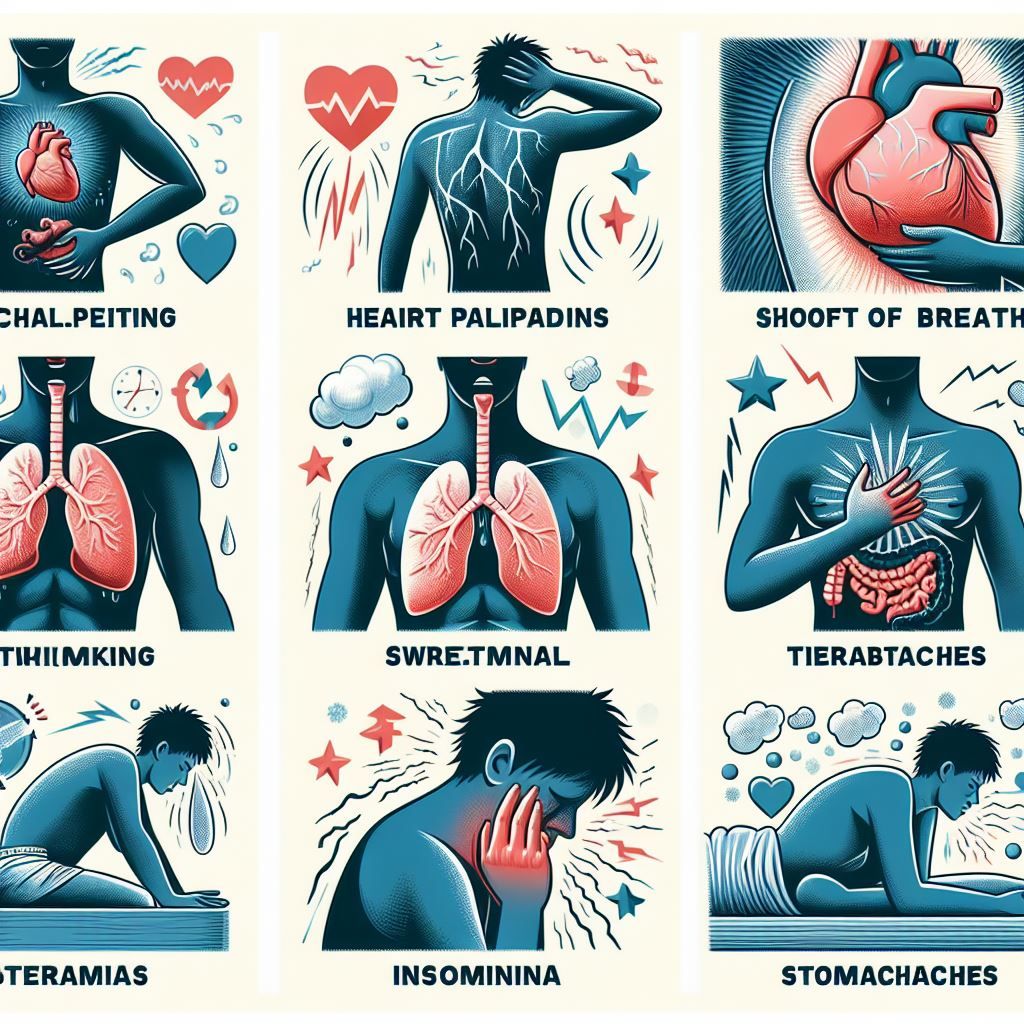 image of 9 small images showing symptoms of anxiety eg faster heart rate, chest pain etc