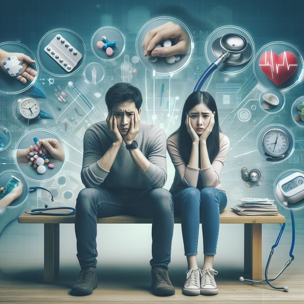 computer generated image showing a man and a woman suffering from anxiety and its consequences on their health