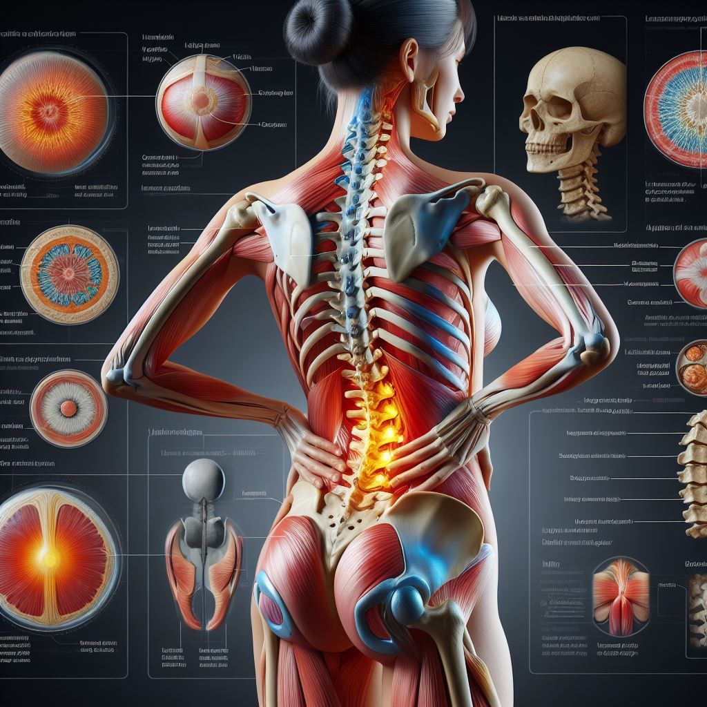 Anatomy of woman standing holding her back and red area showing pain in her spine area 