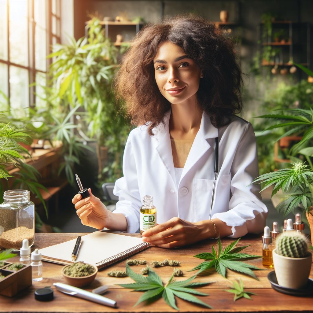 CBD. A woman in a lab coat at at a desk. She holds a CBD oil dropper and bottle. Green plants are growing around her and there are leaves on the table along with her pens and notebook.