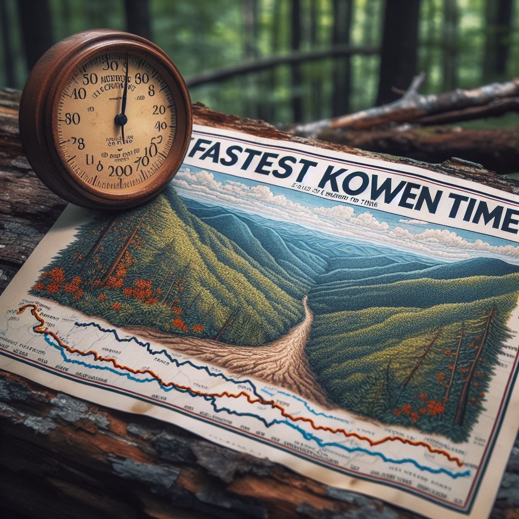 A map with fastest known time written on it being held in front a long path.