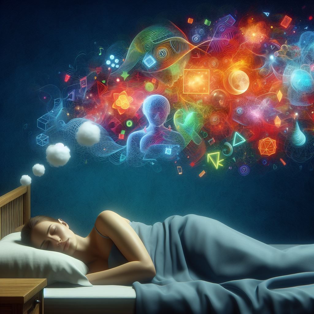 woman sleeping on bed and having  dreams  of different things like she is in stress.