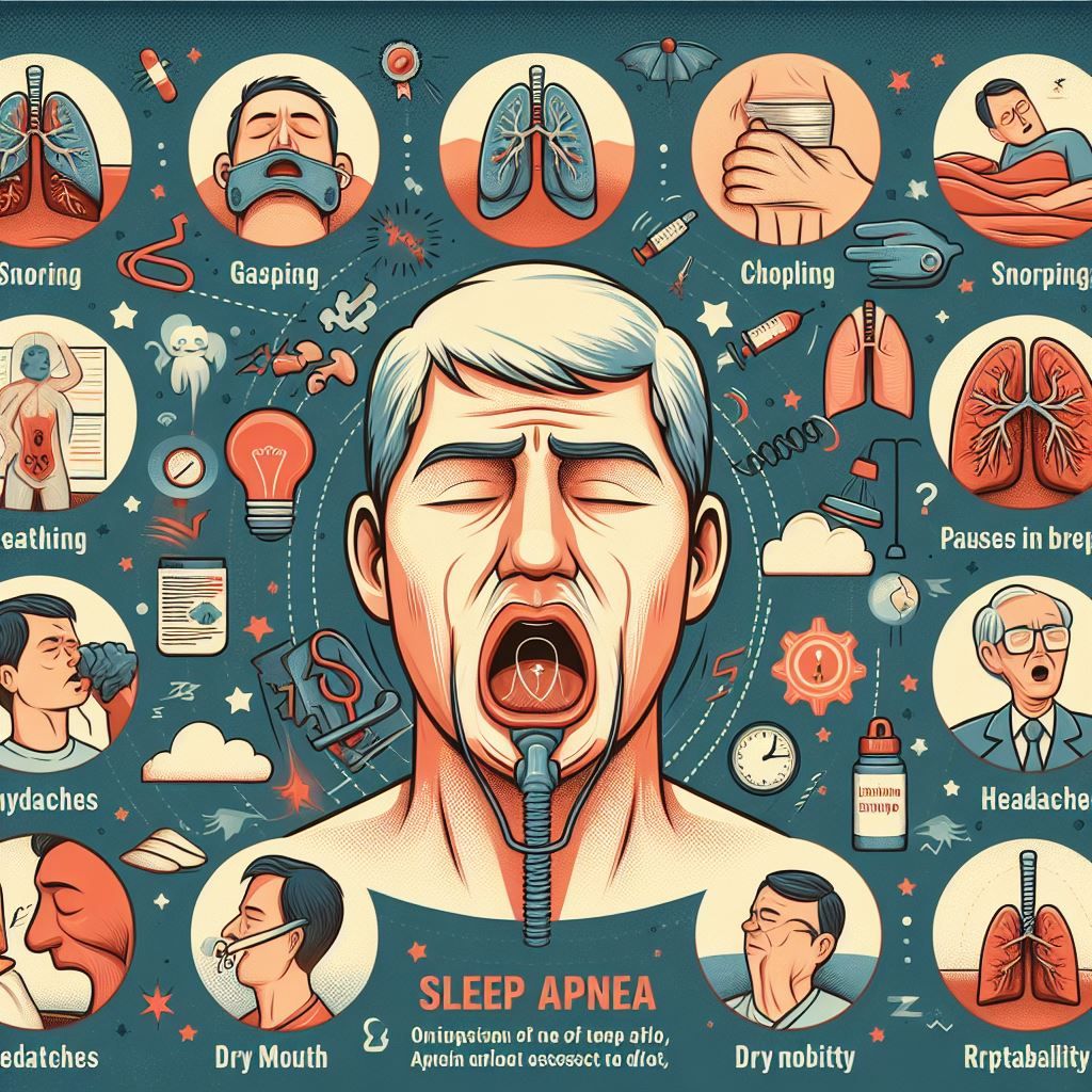 image showing person with open mouth and multiple images of symptoms of sleep apnea like snoring, gasping 
