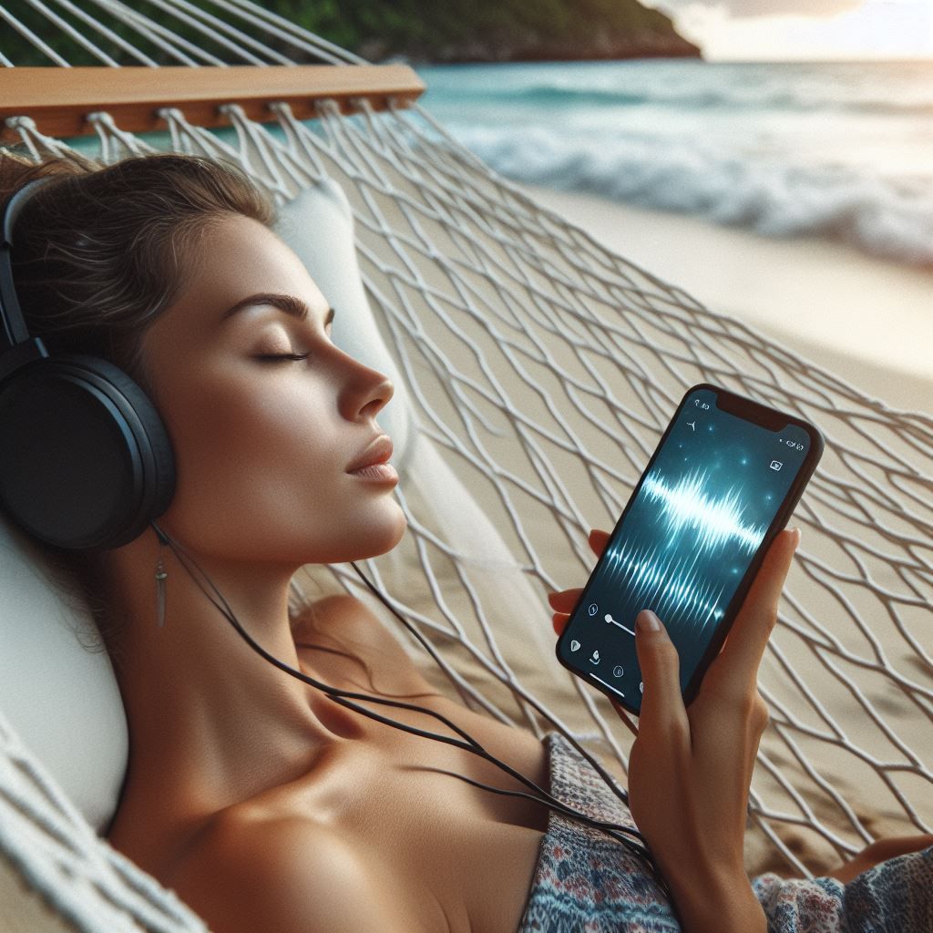 woman listening to music while sleeping, holding her phone  in her hand and relaxing on beach