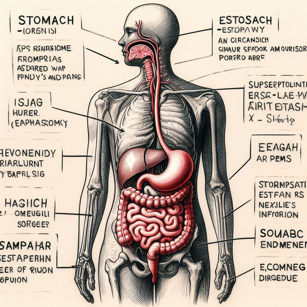 image of human body anatomy showing digestive system including stomach and each organ is labelled 