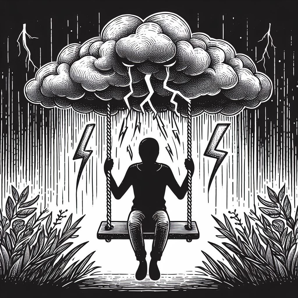a swing hanging from cloud and a person sitting on that swing. heavy rain and lightning in this image on that person surrounded by bushes its black and white image.