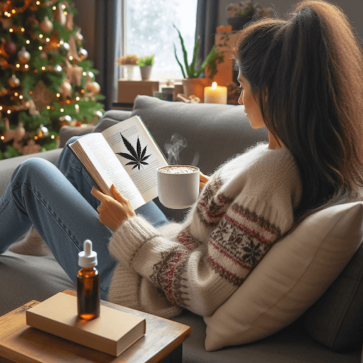 computer generated image of woman sitting on the couch and reading a book with cbd oil