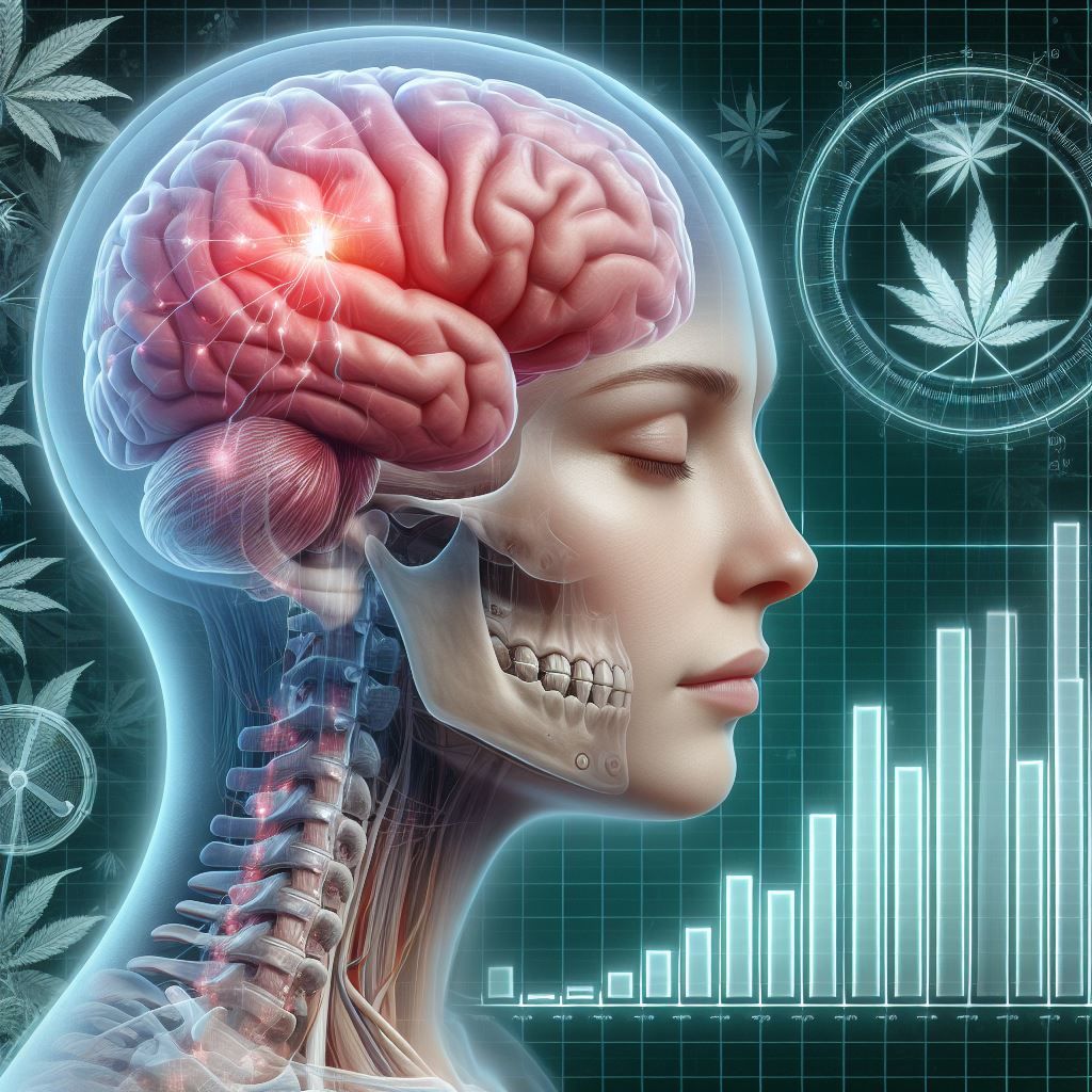 face of a woman, you can see a computer generated image of her brain. It represents endocannabinoid tone and sleep.
