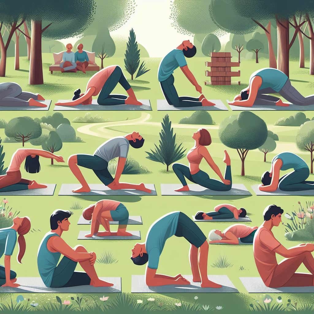 Generated graphics of people completing various yoga and stretching poses in a park. 