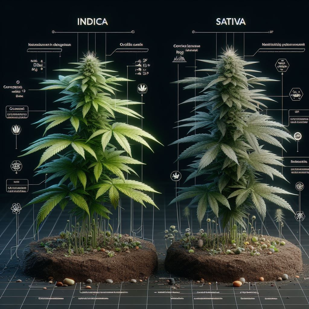 Indica plant and a sativa plant side by side.