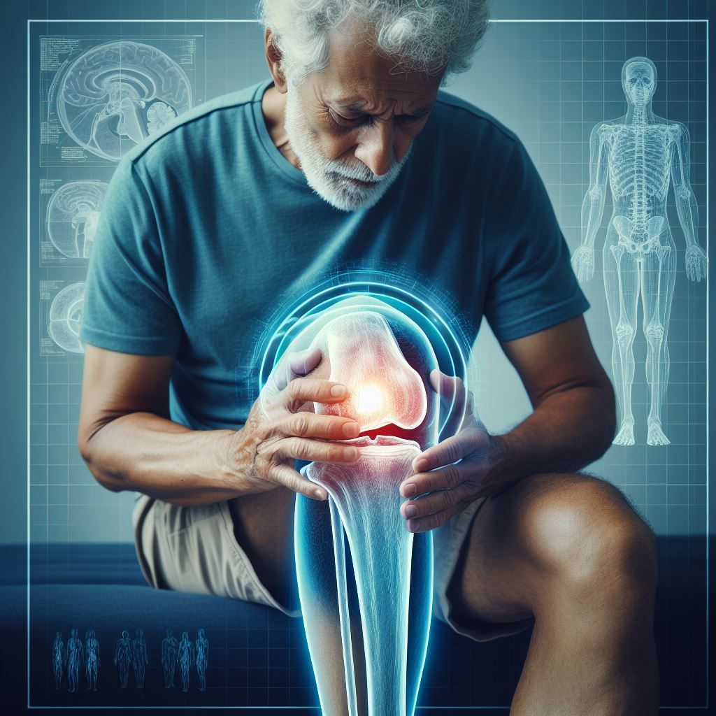 computer generated image of man in a blue t-shirt holding his knee. Hologram of knee. 