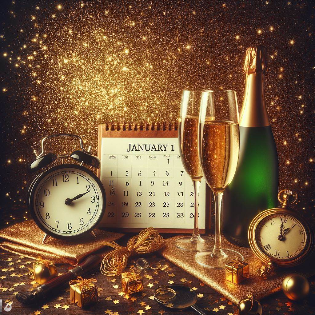 computer generated image of a calender, champagne and clocks