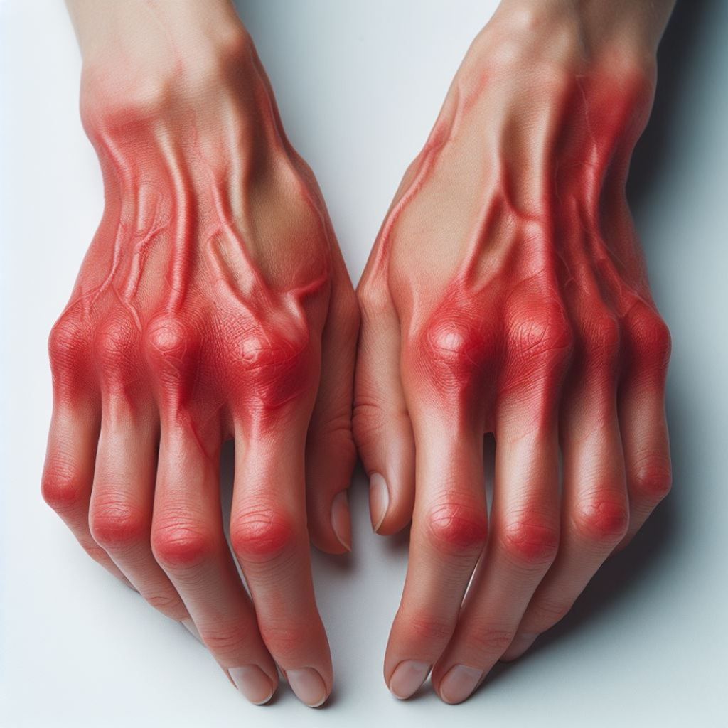 Hands with red inflammation around the joints and protruding veins 
