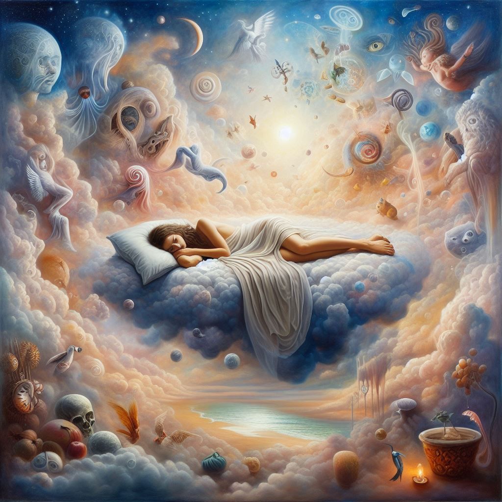 Woman sleeping in a dream world that has clouds