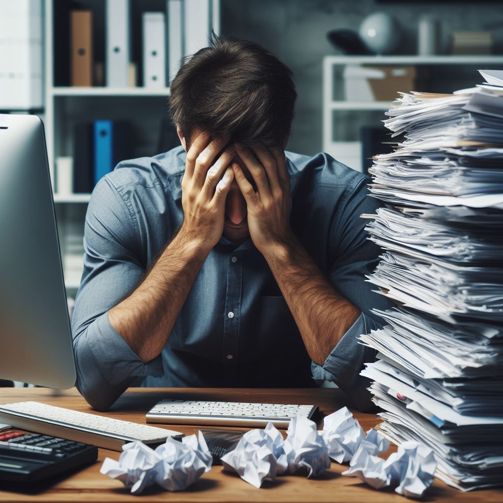 man at desk with paperwork looking stressed
